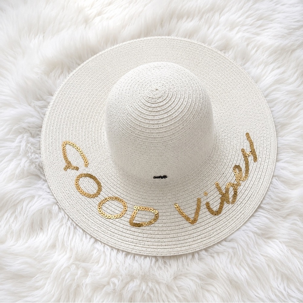 White & Gold Good Vibes Wide Brim Women’s Sun Hat Sequin Floppy Beach Hat Sz 7